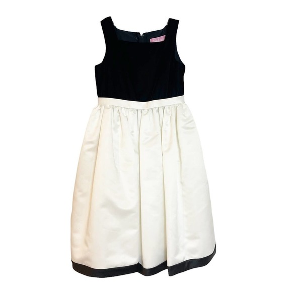 Tisket-A-Tasket Girls White/Black Sleeveless Formal Dress Square Neck Size 6
